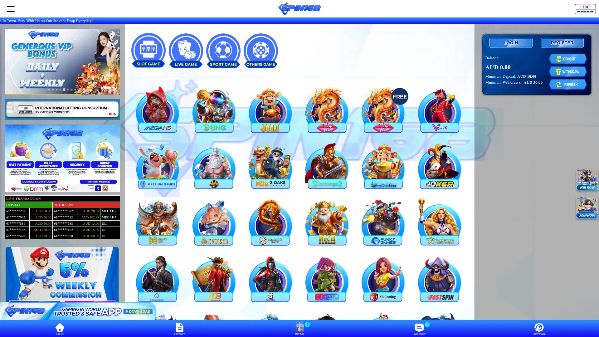 Spin168 Casino desktop view